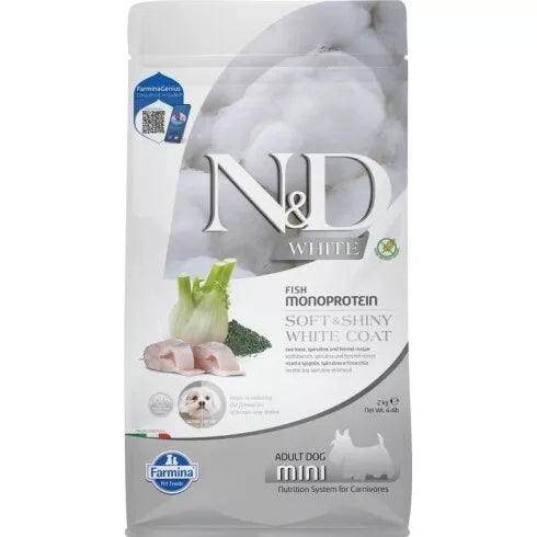 N&D White Dog Adult Mini Tengeri Sügér, Spirulina és Édeskömény Száraztáp 2kg